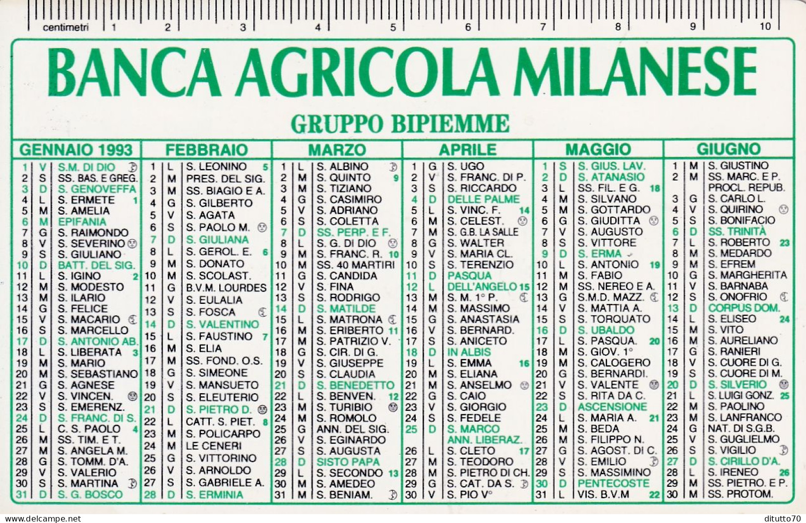 Calendarietto - Banca Agricola Milanese - Gruppo Bipiemme - Anno 1993 - Petit Format : 1991-00