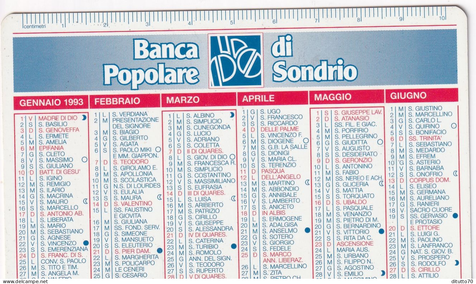 Calendarietto - Banca Popolare Di Sondrio - Anno 1993 - Petit Format : 1991-00