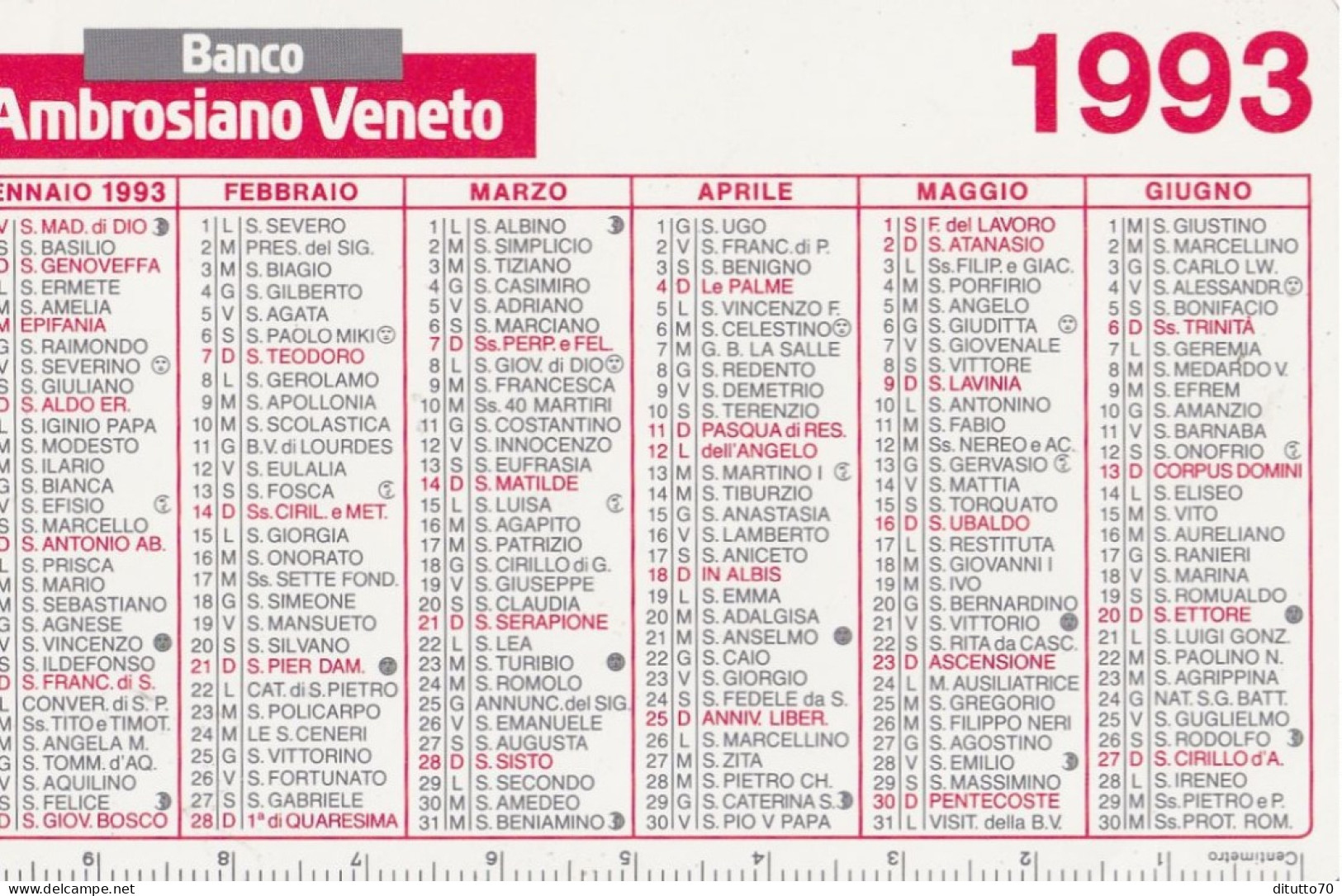 Calendarietto - Banco Ambriosiano Veneto - Anno 1993 - Petit Format : 1991-00