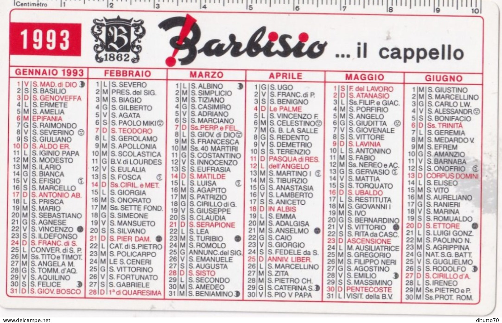 Calendarietto - BARBISIO - Il Cappello - Anno 1993 - Petit Format : 1991-00