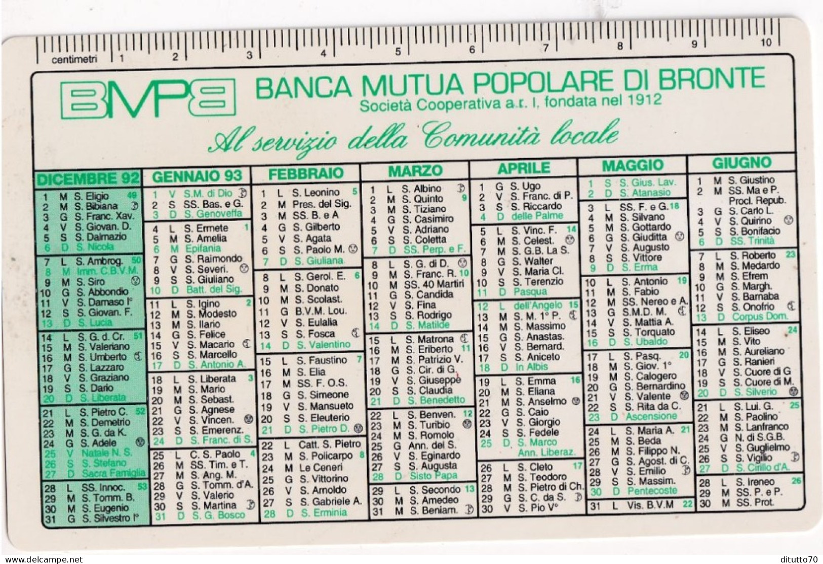 Calendarietto - BMPB - Banca Mutua Popolare Di Bronte - Anno 1993 - Petit Format : 1991-00