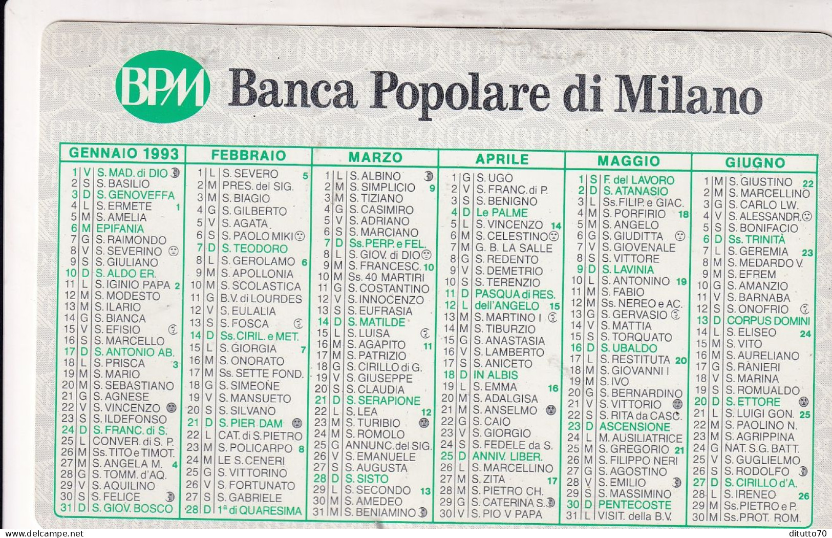 Calendarietto - BPM - Banca Popolare Di Milano - Anno 1993 - Petit Format : 1991-00