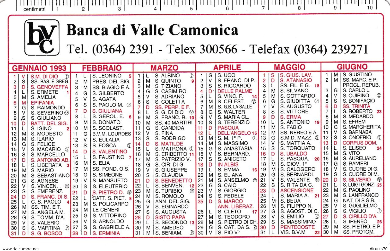 Calendarietto - BVC - Banca Di Valle Camonica - Anno 1993 - Petit Format : 1991-00