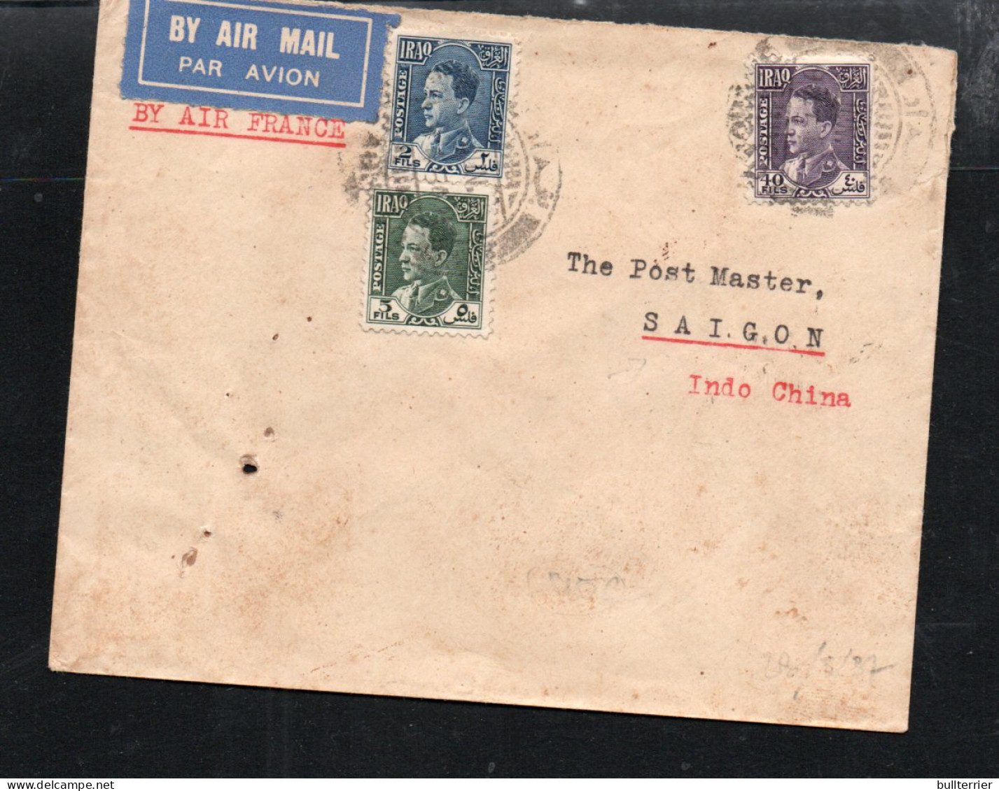 IRAQ  - 1937 - AIR FRANCE COVER TO SIAGON, INDOCHINA  WITH BACKSTAMP - Iraq