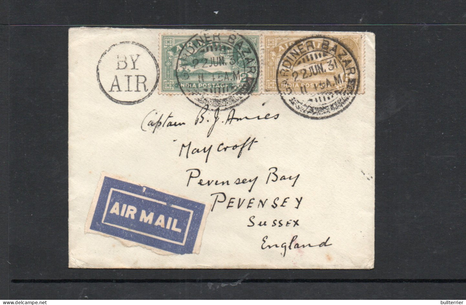 INDIA - 1931 - GARDINER BAZAAR, KARACHI  AIRMAIL COVER TO PEVENSEY, SUSSEX WITH BACKSTAMP - 1911-35 Koning George V