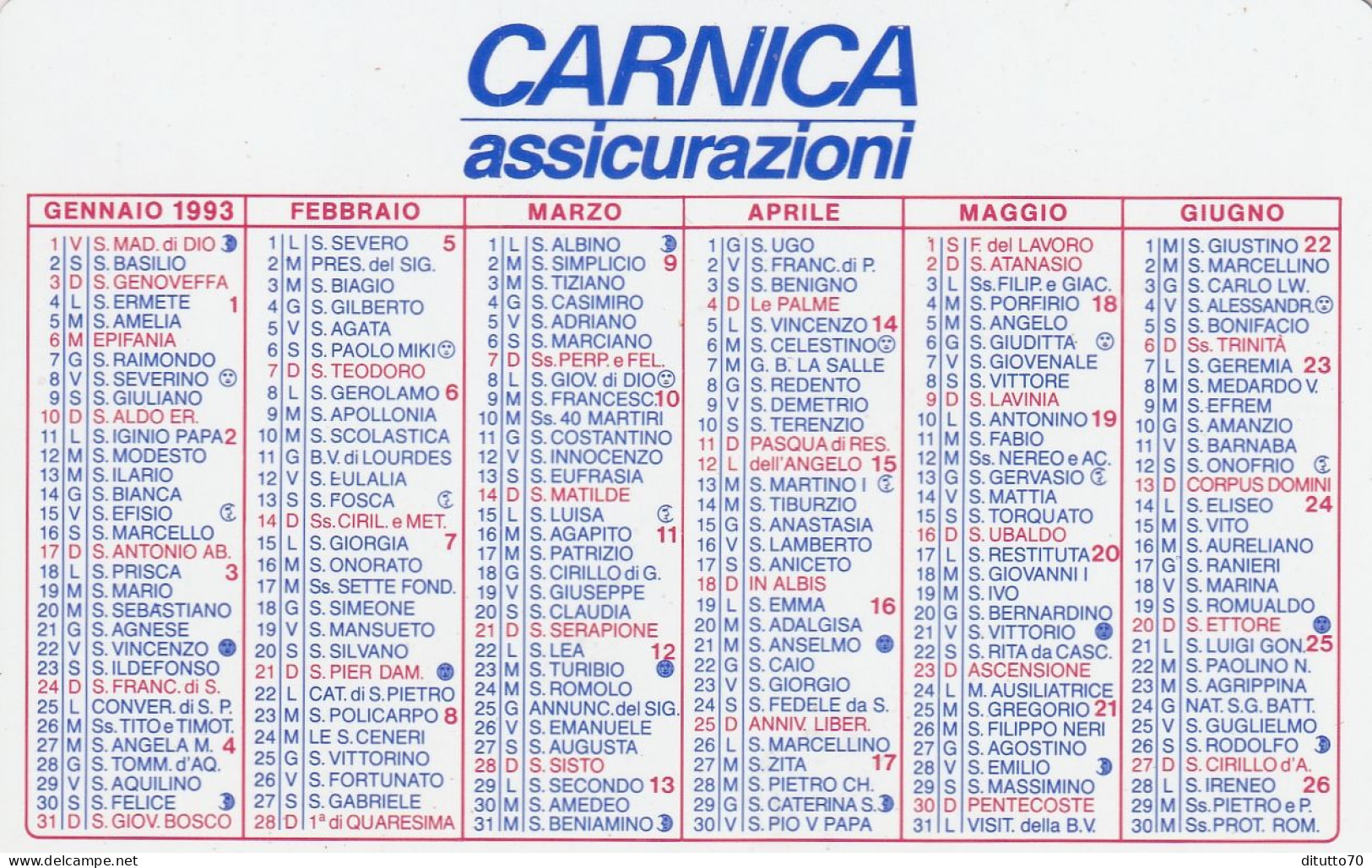 Calendarietto - CARNICA - Assicurazioni - Anno 1993 - Petit Format : 1991-00