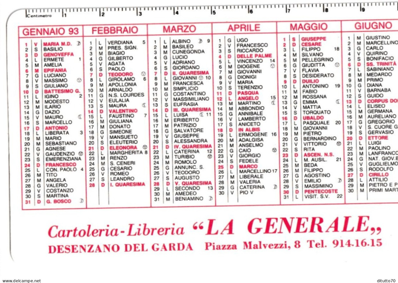 Calendarietto - Cartoleria - Libreria - La Generale - Desenzano Del Garda - Anno 1993 - Petit Format : 1991-00