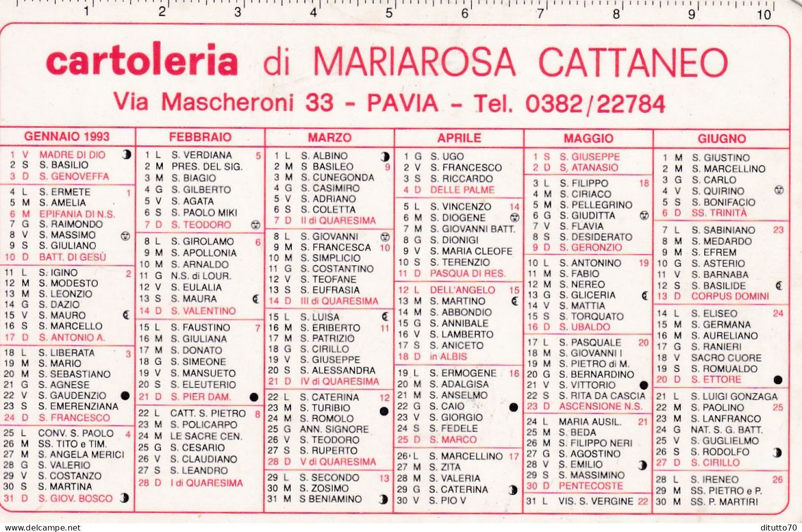 Calendarietto - Cartoleria Di Mariarosa Cattaneo - Pavia - Anno 1993 - Petit Format : 1991-00