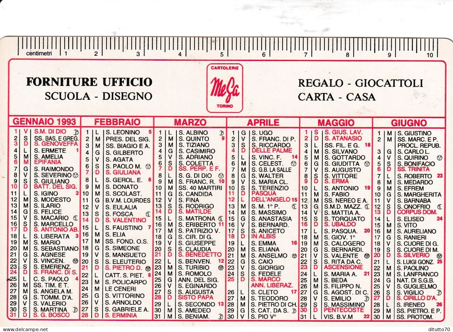 Calendarietto - Cartoleria MEGA - Torino - Anno 1993 - Petit Format : 1991-00