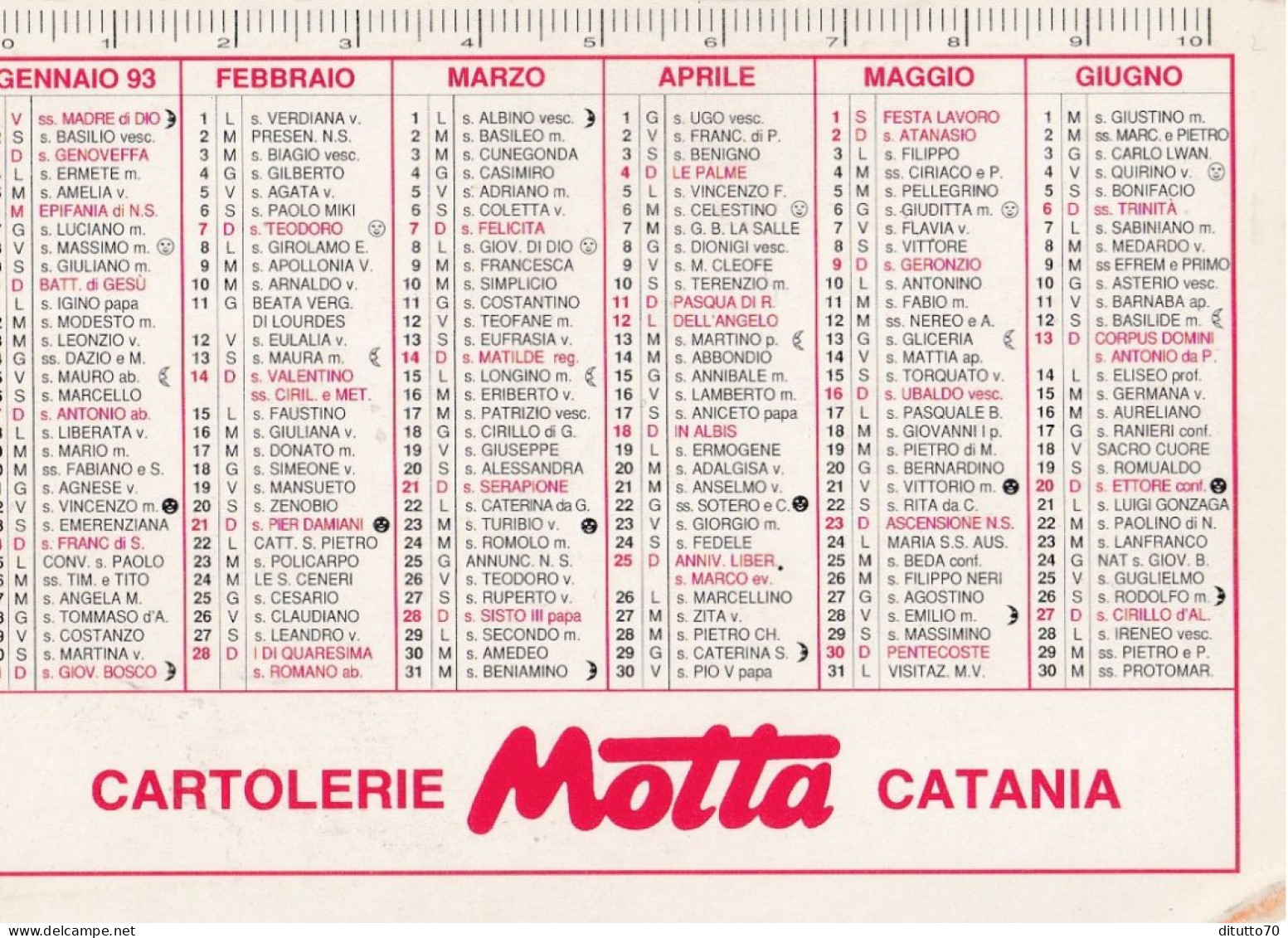 Calendarietto - Cartolerie MOTTA - Catania - Anno 1993 - Petit Format : 1991-00