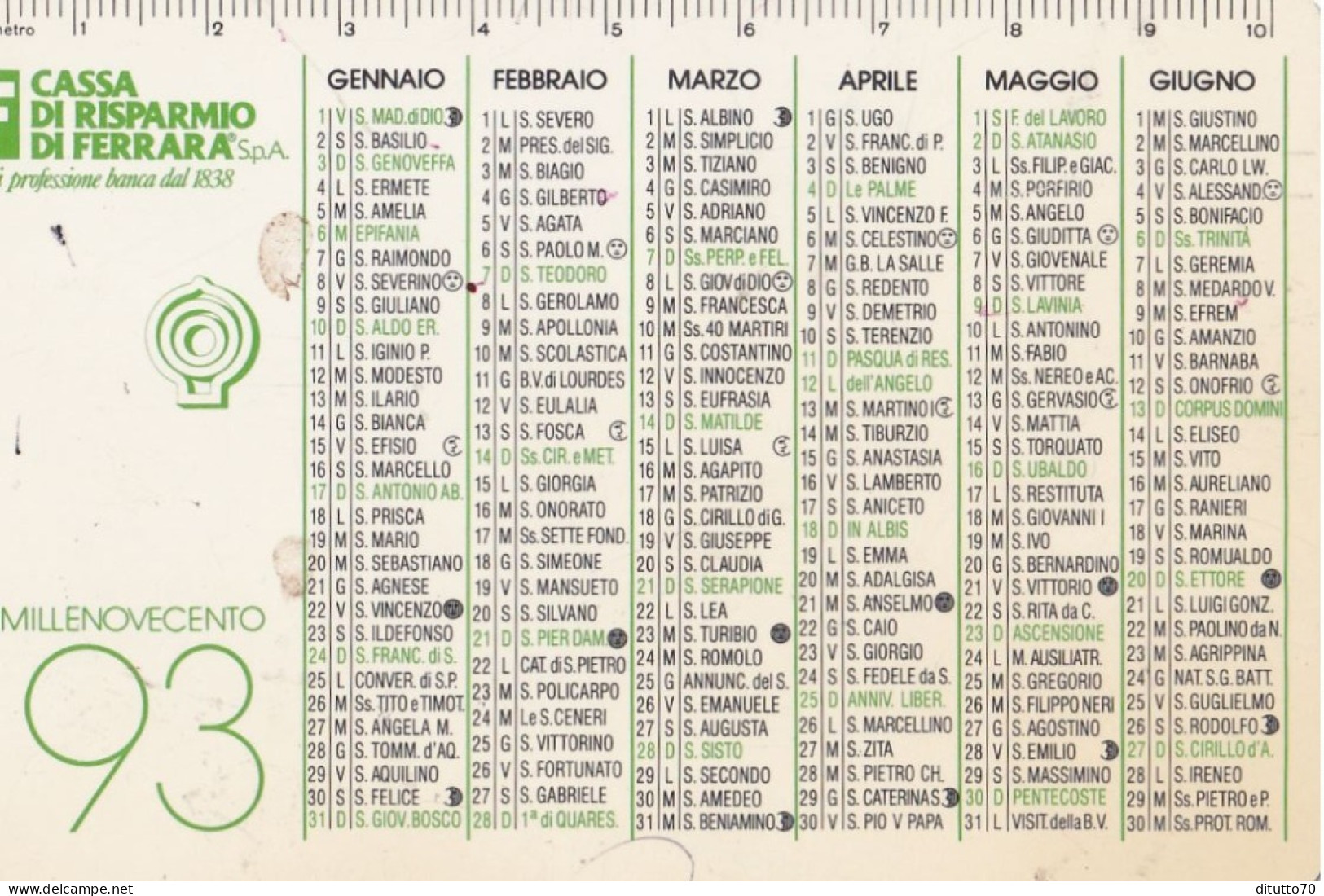 Calendarietto - Cassa Di Risparmio Di Ferrara - Anno 1993 - Petit Format : 1991-00