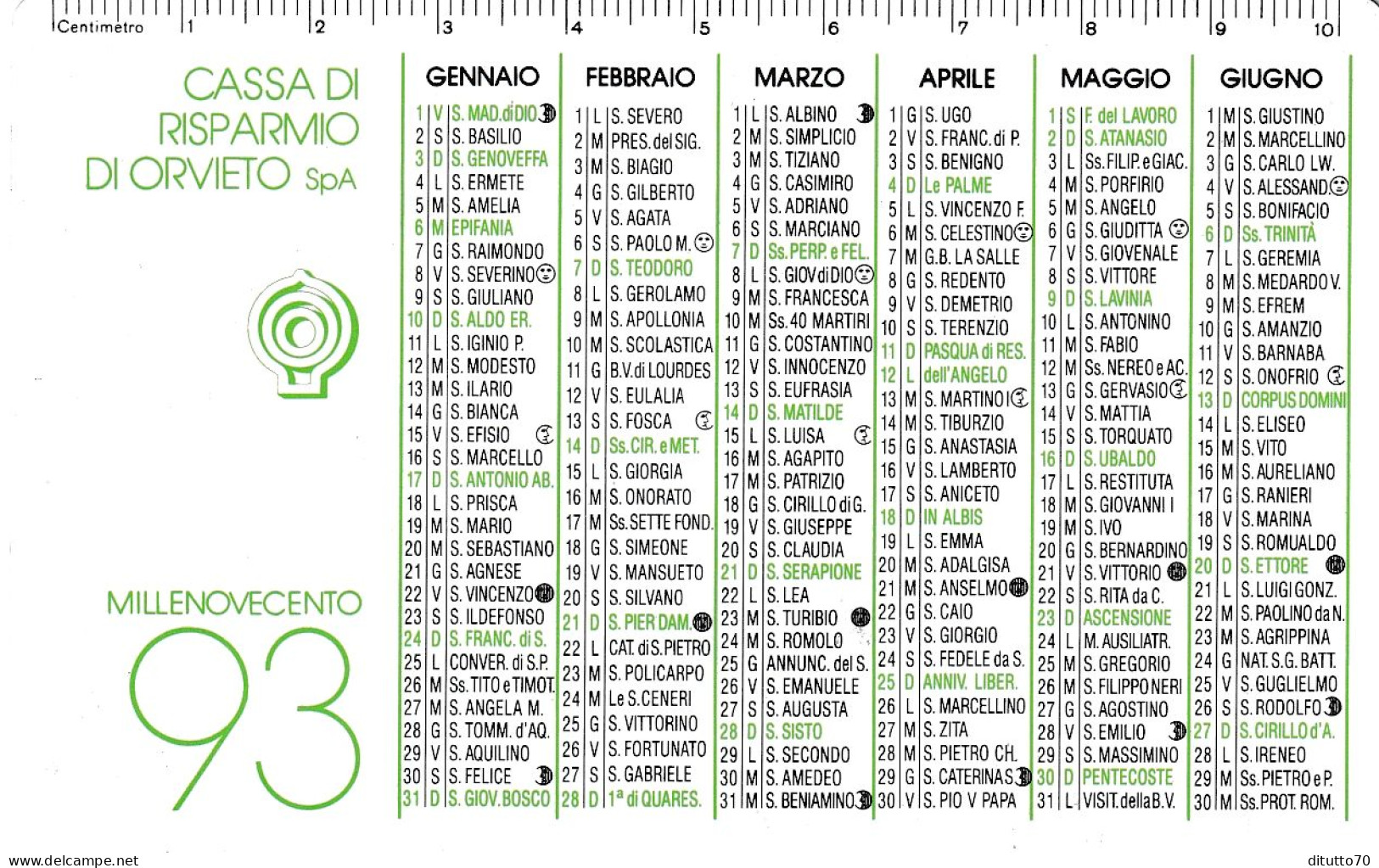 Calendarietto - Cassa Di Risparmio Di Orvieto - Anno 1993 - Petit Format : 1991-00