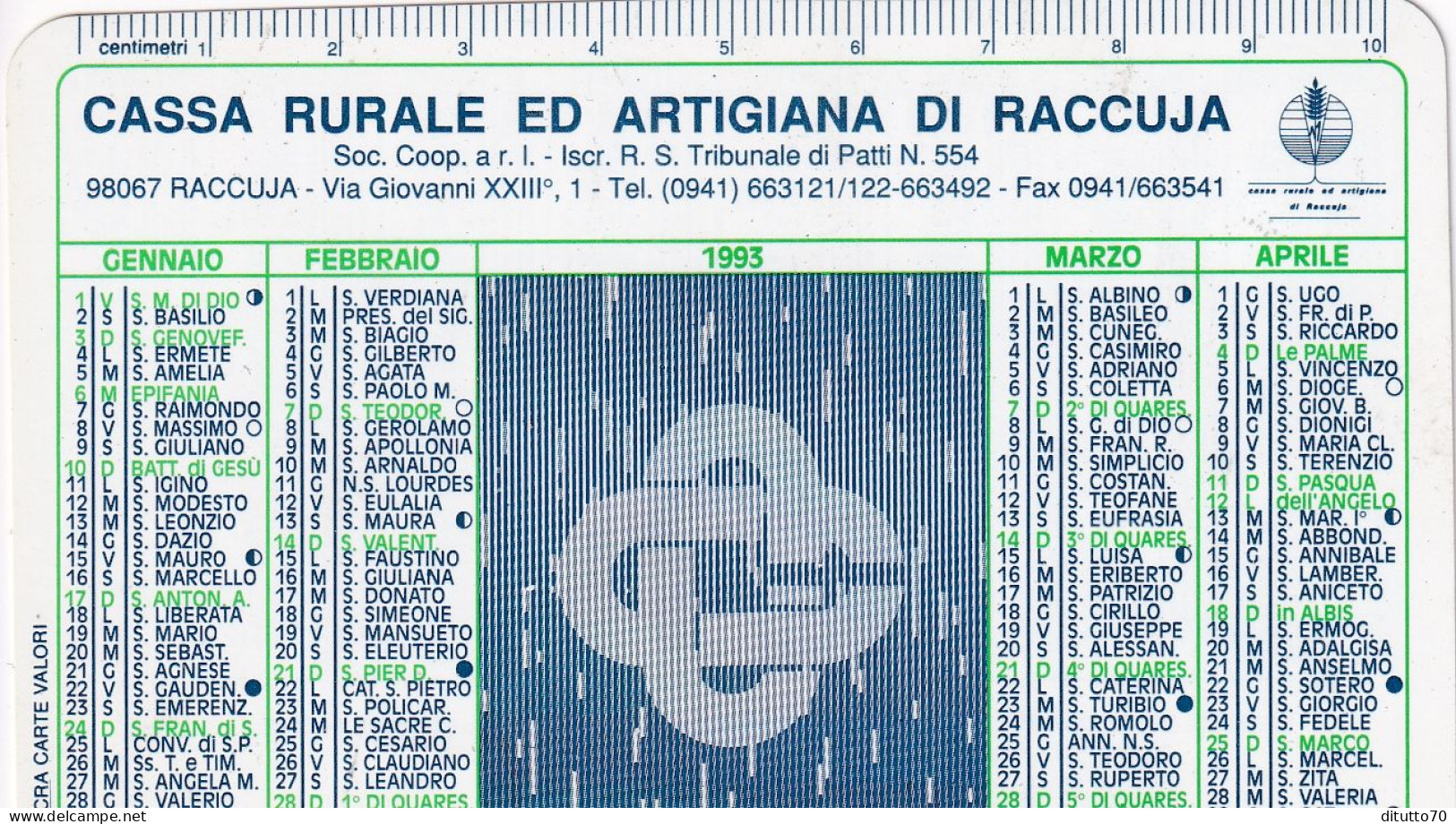 Calendarietto - Cassa Rurale Ed Artigiana Di Raccuja - Anno 1993 - Petit Format : 1991-00