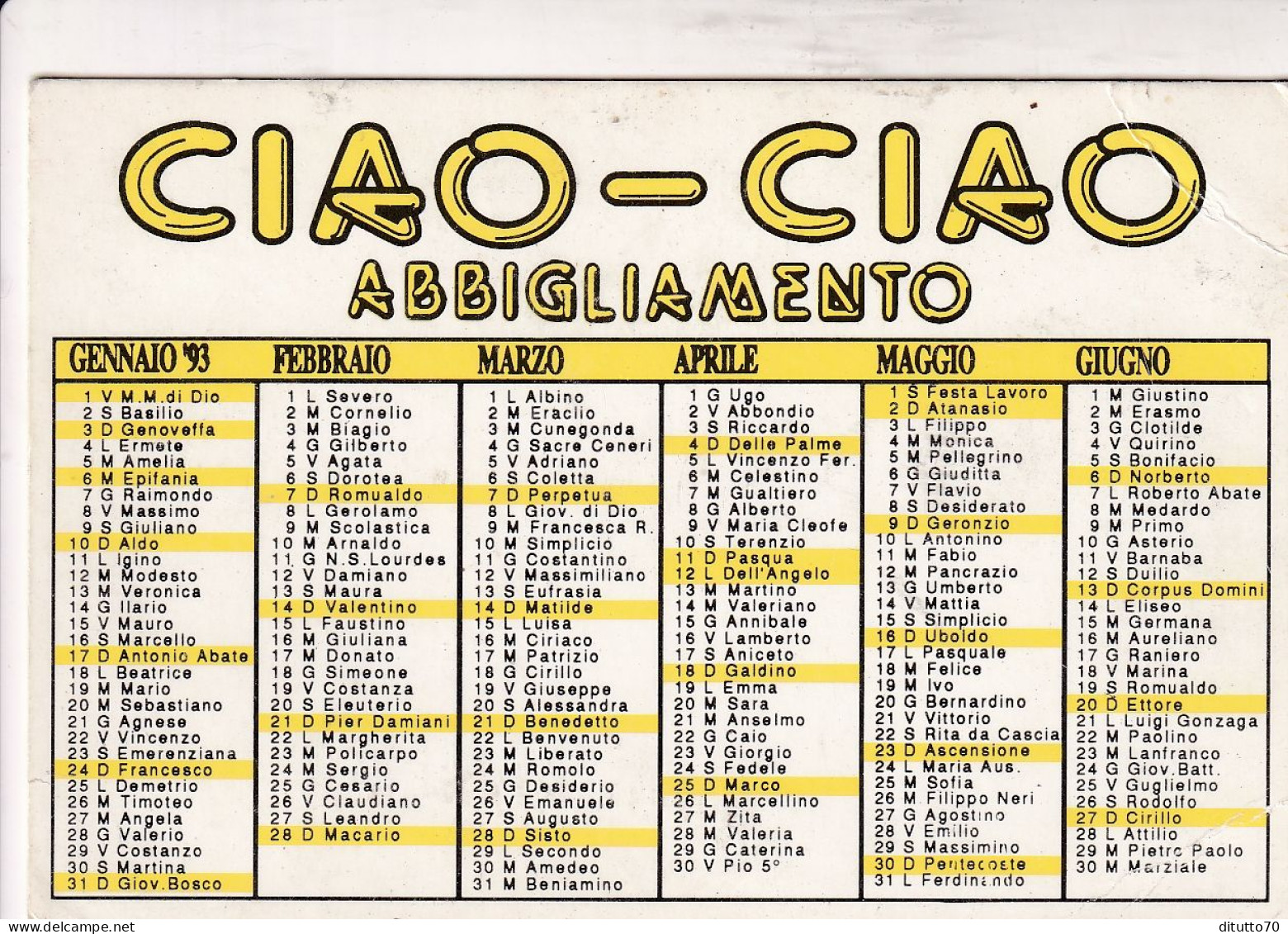 Calendarietto - CIAO - CIAO - Abbigliamento - Anno 1993 - Petit Format : 1991-00