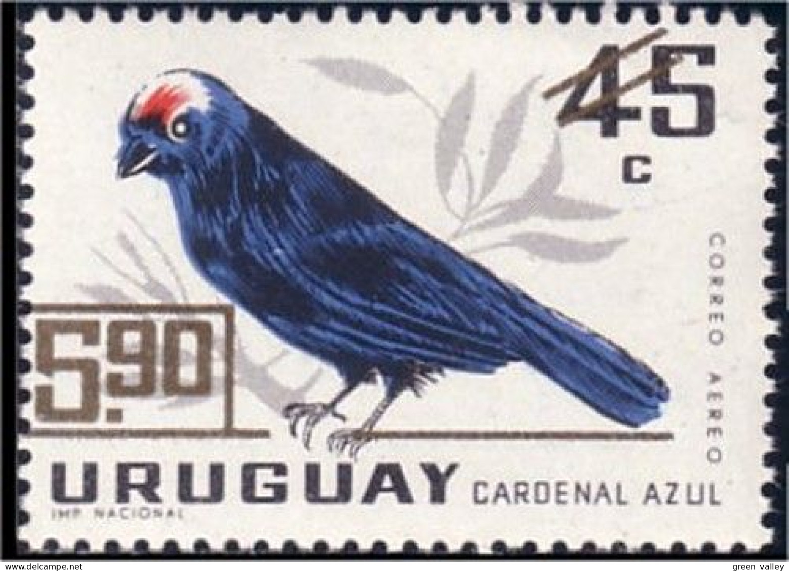 906 Uruguay Blue Cardinal Bleu Cardenal Azul MNH ** Neuf SC (URU-48d) - Songbirds & Tree Dwellers