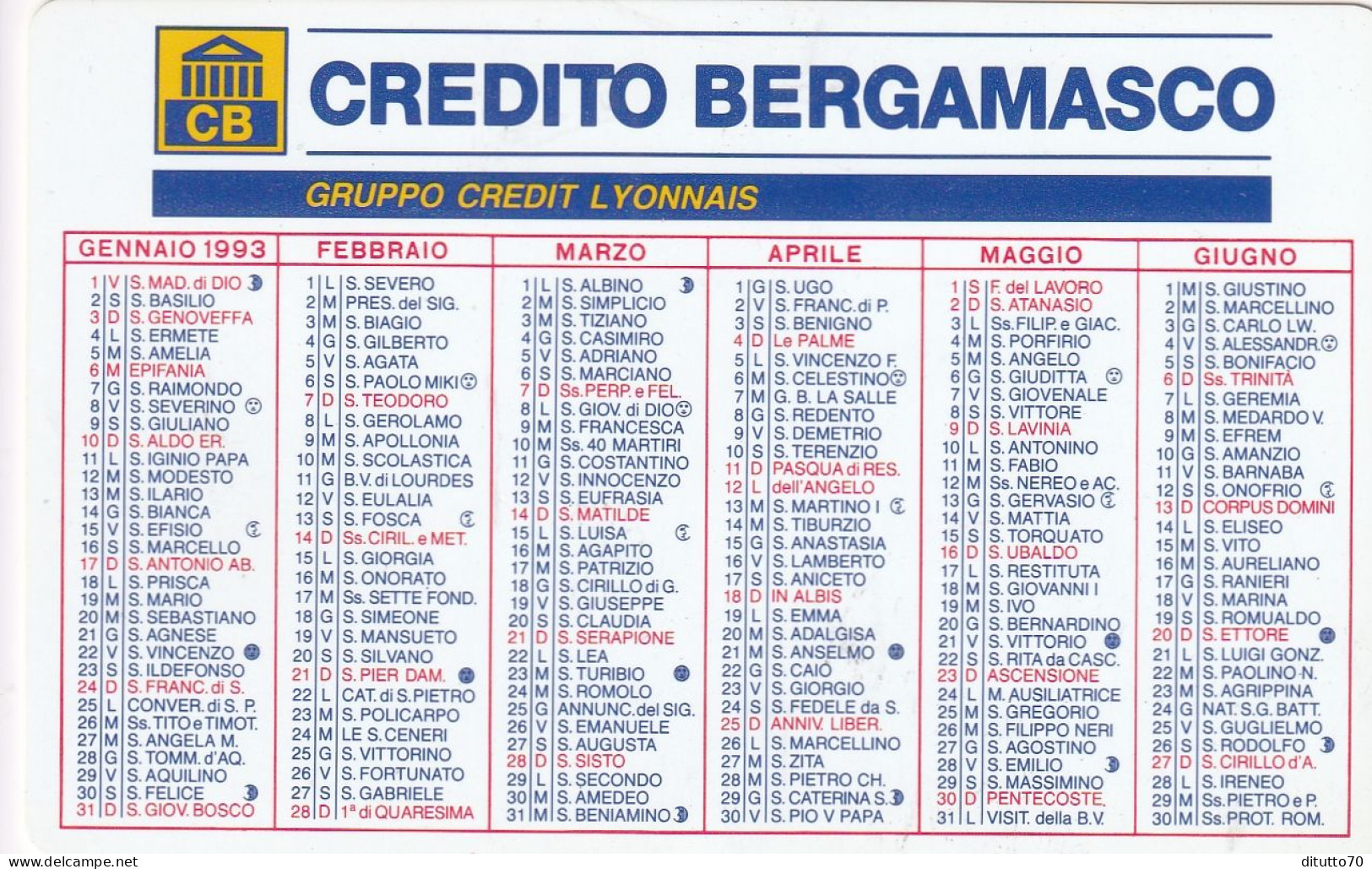 Calendarietto - Credito Bergamasco - Gruppo Scedit Lyonnais - Anno 1993 - Petit Format : 1991-00