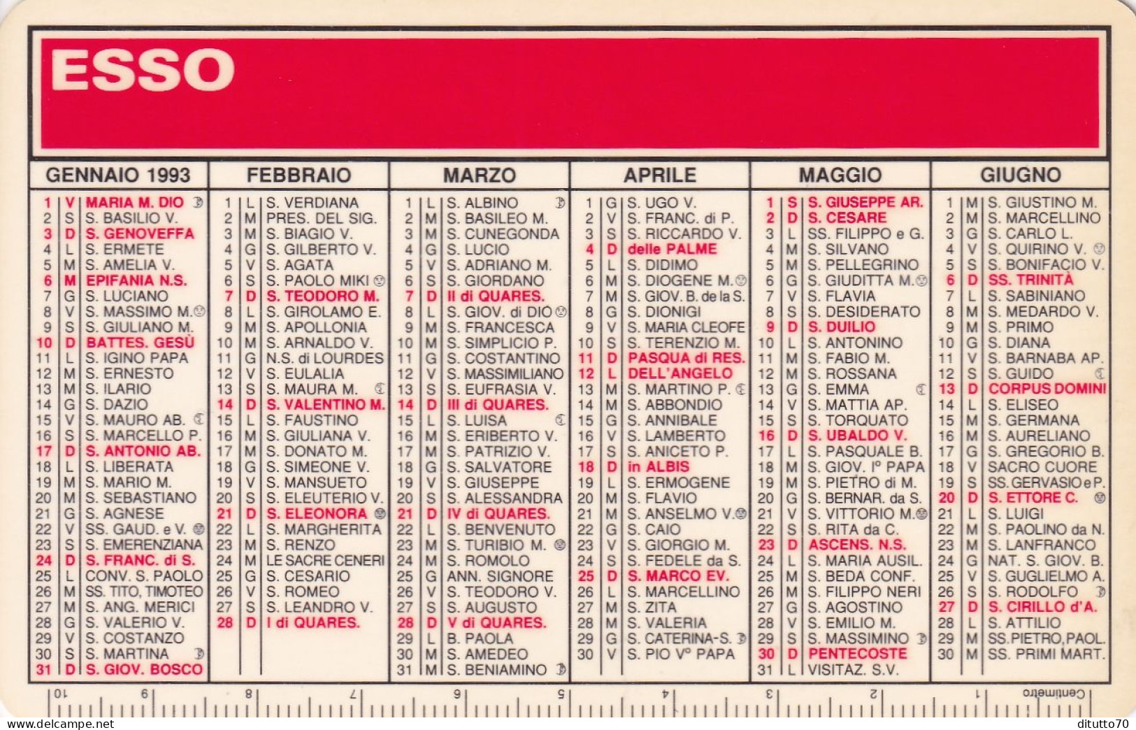 Calendarietto - ESSO - Concessionario Unico - S.quirico - Genova - Anno 1993 - Petit Format : 1991-00