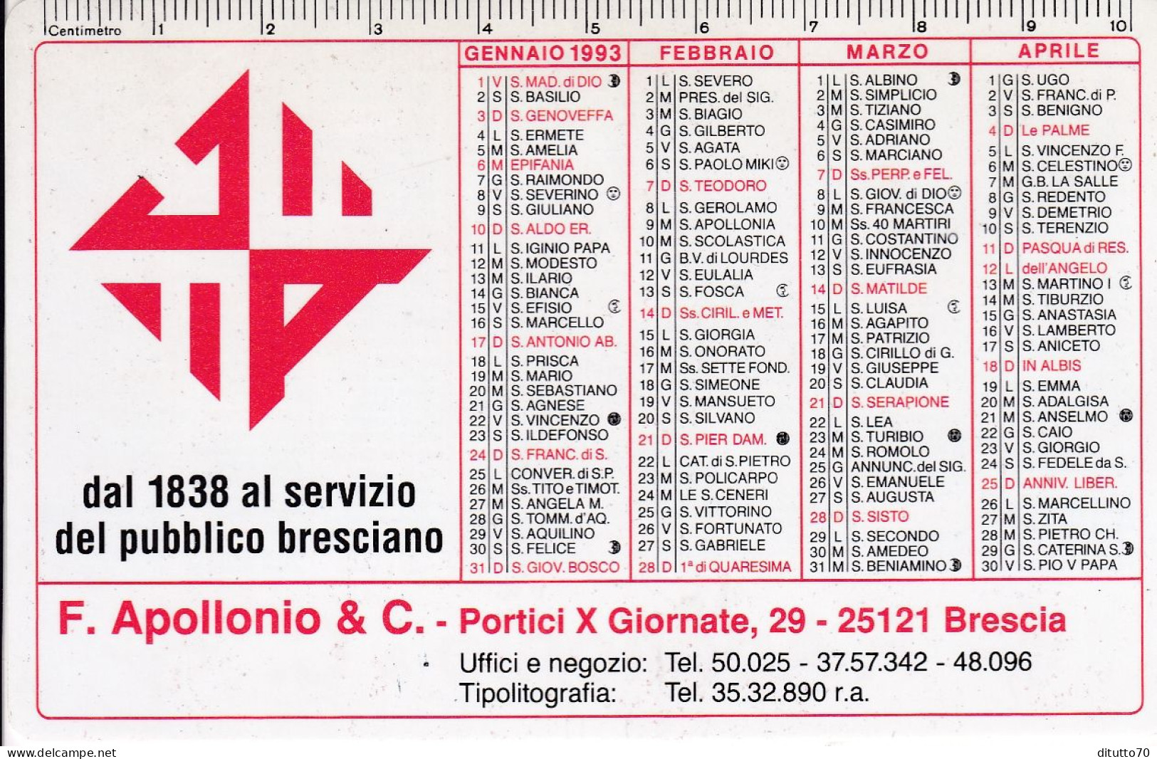 Calendarietto - F.apollonio E C. - Brescia - Anno 1993 - Petit Format : 1991-00