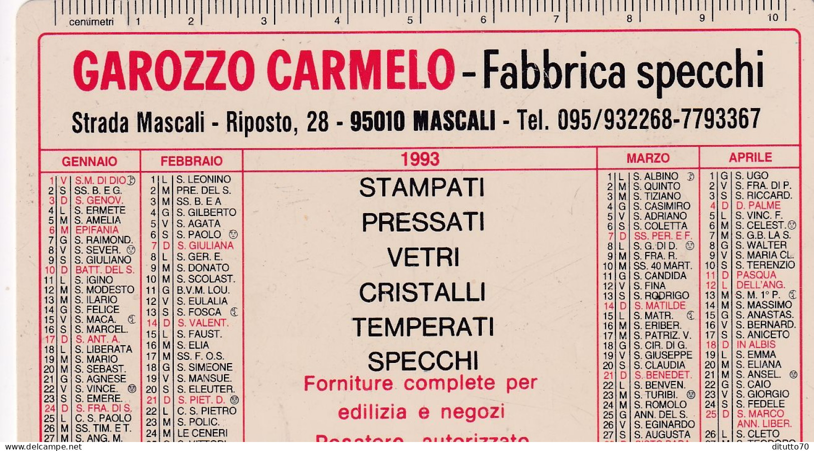 Calendarietto - Fabbrica Specchi - Garozzo Carmelo - Mascali - Anno 1993 - Petit Format : 1991-00