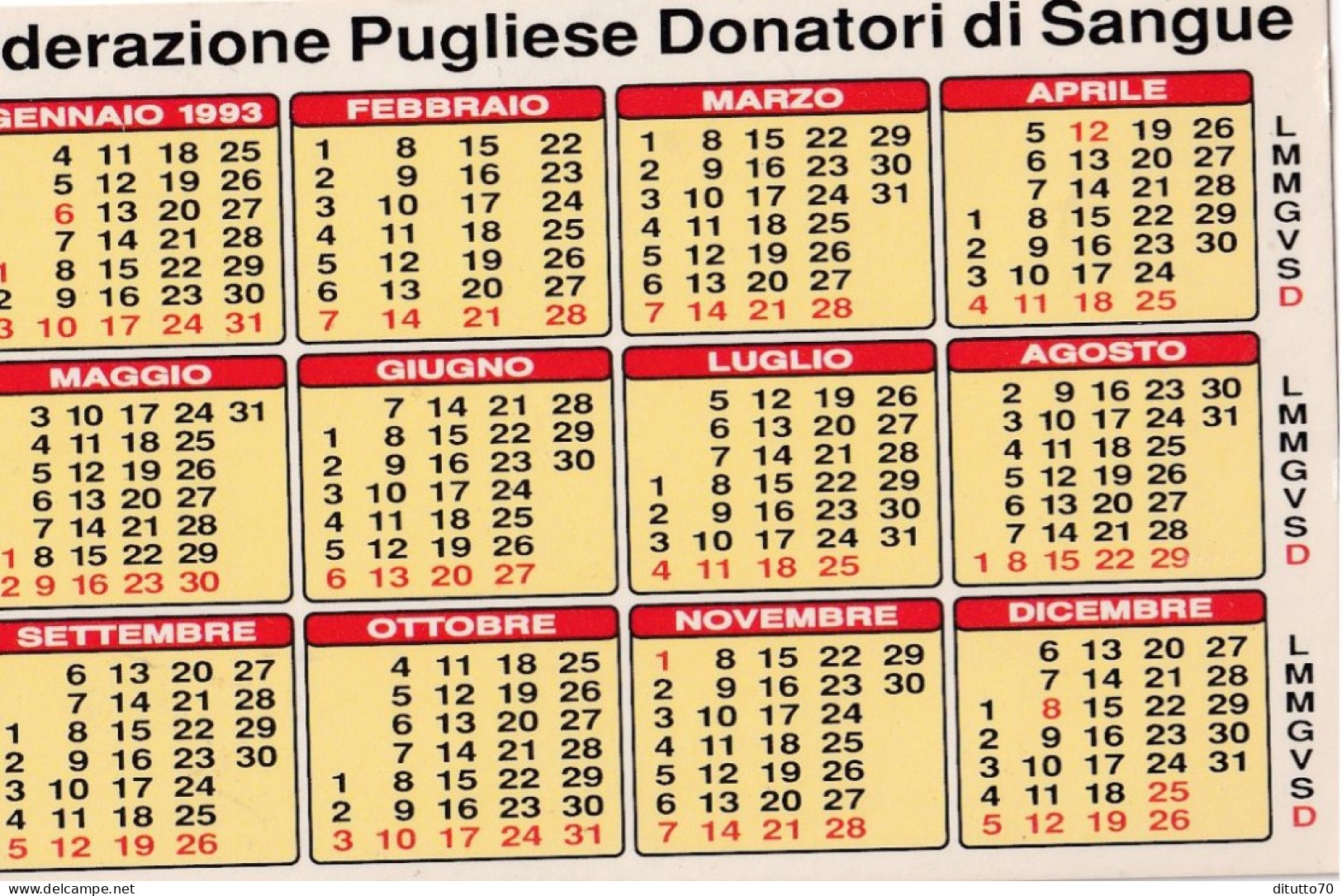 Calendarietto - Federazione Pugliese Donatori Di Sangue - Anno 1993 - Petit Format : 1991-00