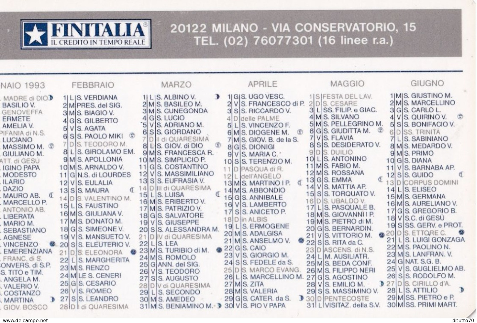 Calendarietto - FINITALIA - Il Credito In Tempo Reale - Milno - Anno 1993 - Petit Format : 1991-00