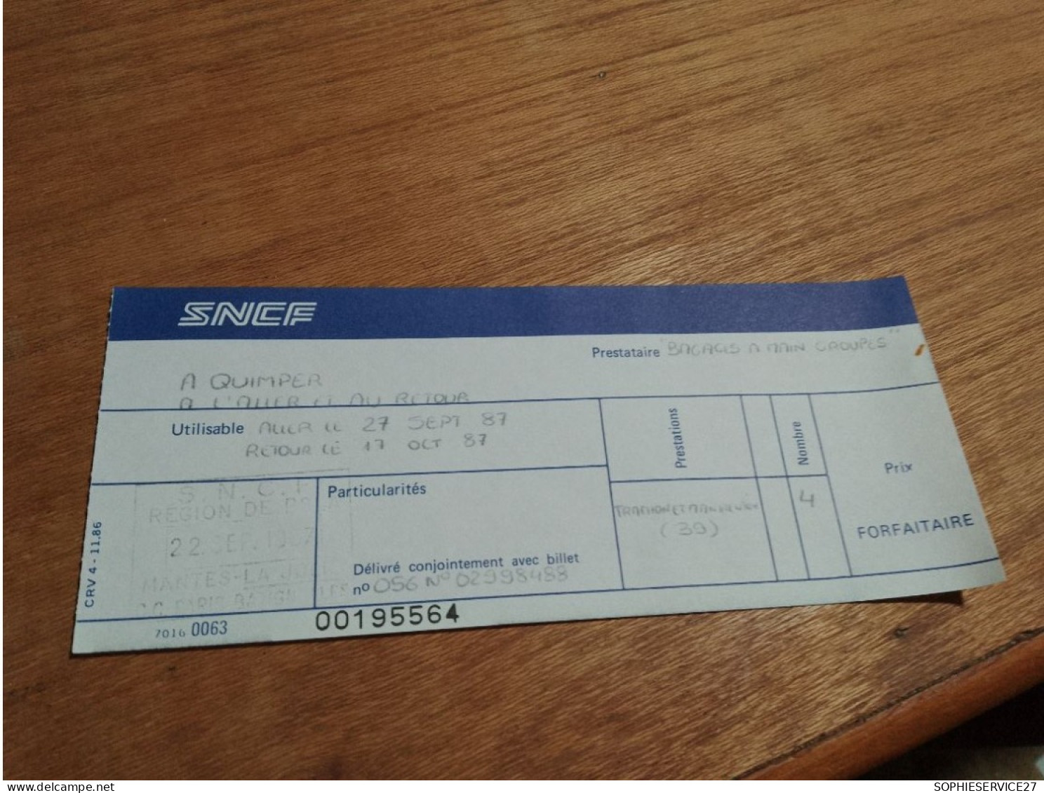 155 //   BILLET   SNCF  /   QUIMPER  1987 - Europa