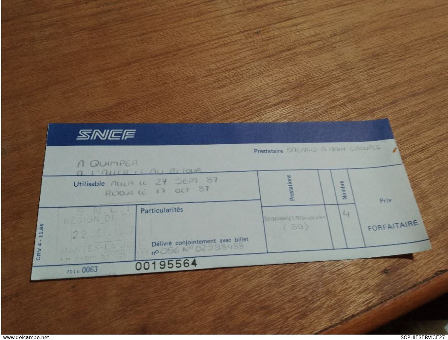 155 //   BILLET   SNCF  /   QUIMPER  1987 - Europe