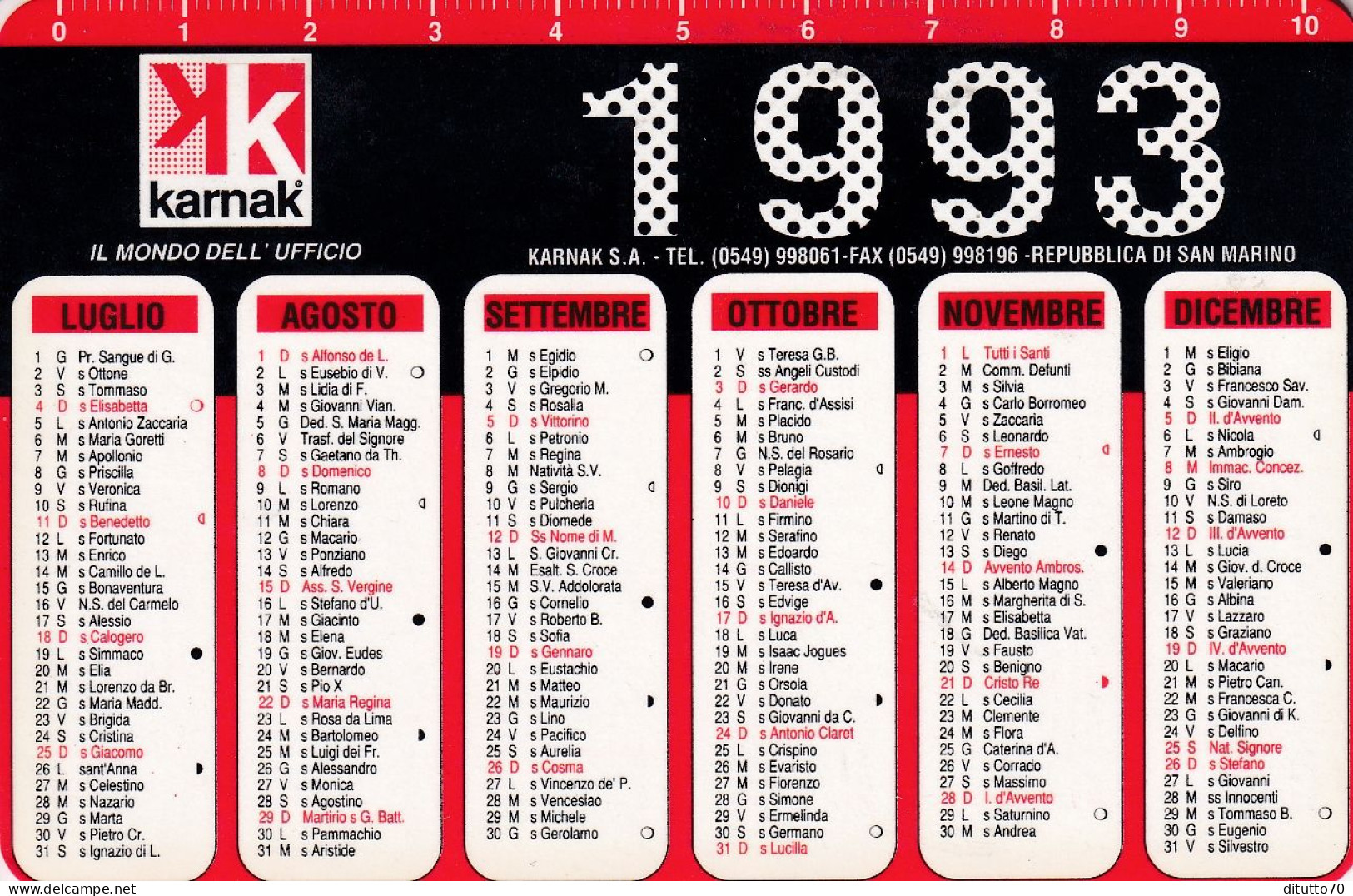 Calendarietto - KARNAK - Repubblica Di San Marino - Anno 1993 - Petit Format : 1991-00