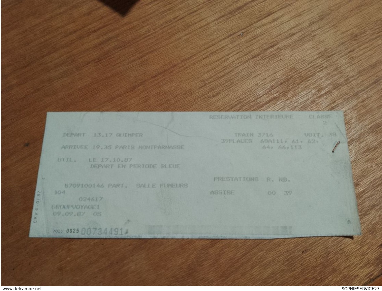 155 //   RESERVATION TRAIN  /   QUIMPER / PARIS MONTPARNASSE   1987 / DOUBLE DE BILLET ??? - Europe