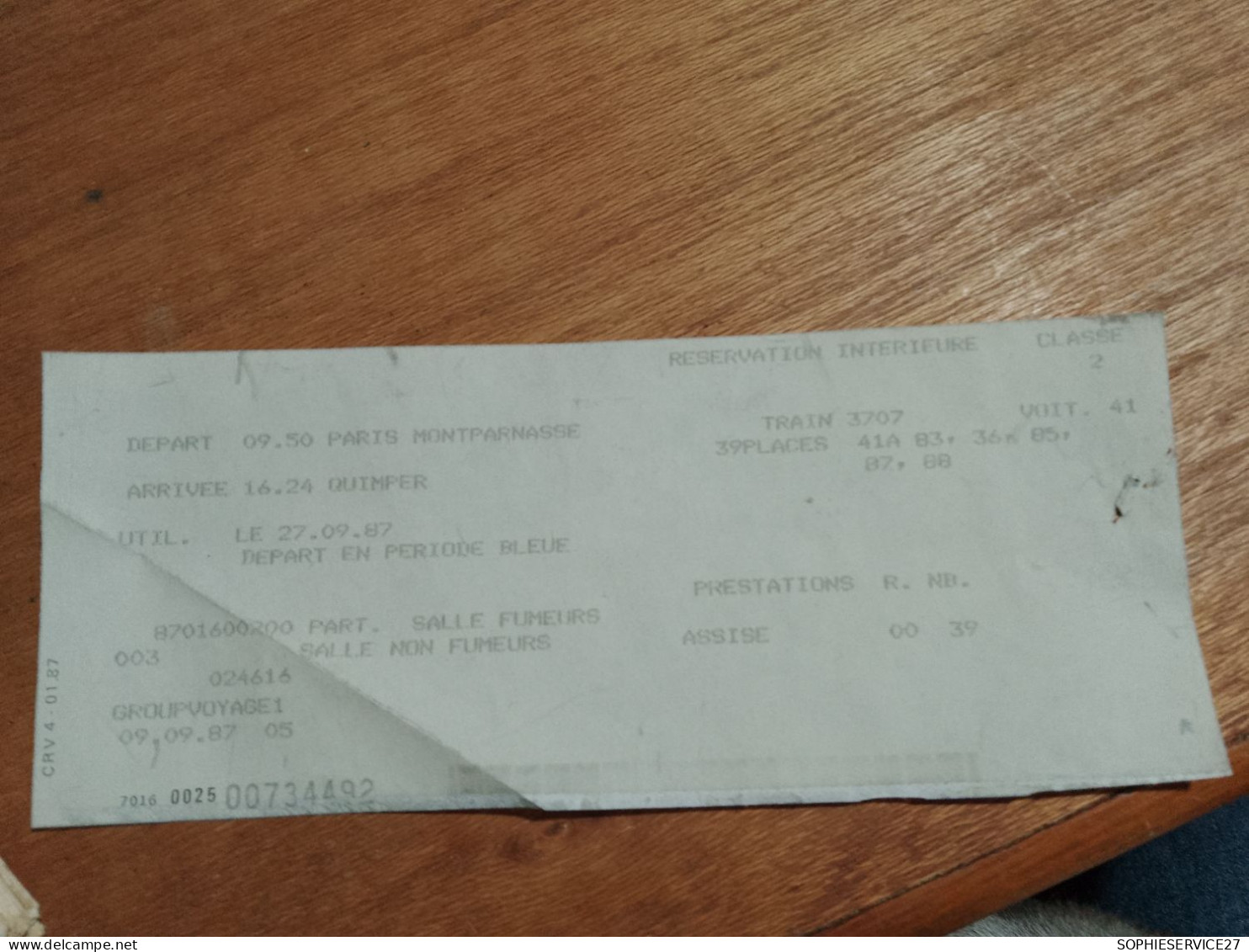 155 //   RESERVATION TRAIN   / PARIS MONTPARNASSE / QUIMPER  1987 / DOUBLE DE BILLET ??? - Europe