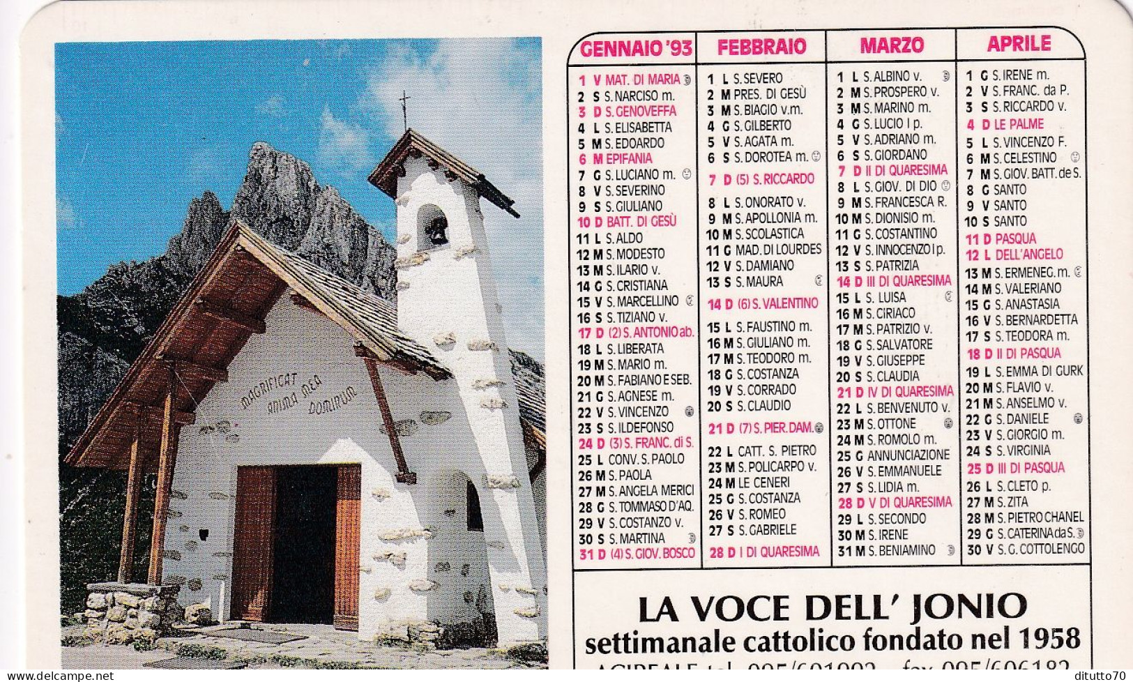 Calendarietto - La Voce Dell'jonio - Settimanale Cattolico - Acireale - Anno 1993 - Petit Format : 1991-00