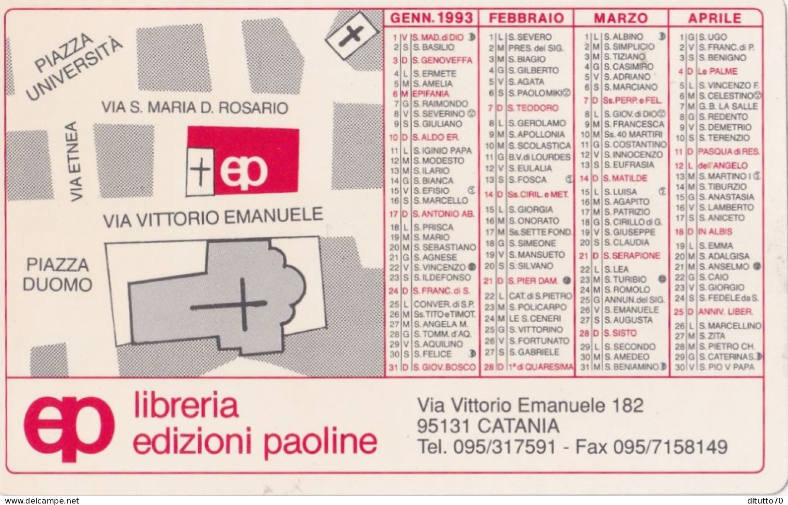 Calendarietto - Libreria Edizioni Paoline - Catania - Anno 1993 - Petit Format : 1991-00