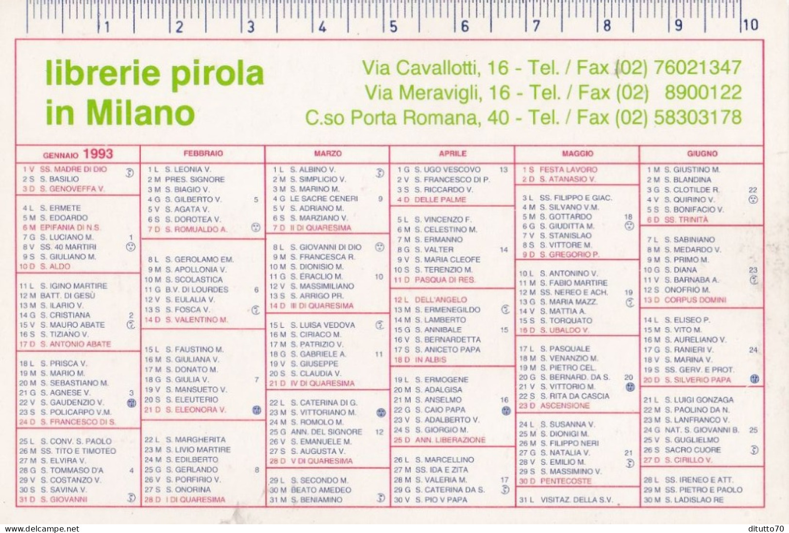 Calendarietto - Librerie Pirola In Milano - Anno 1993 - Petit Format : 1991-00