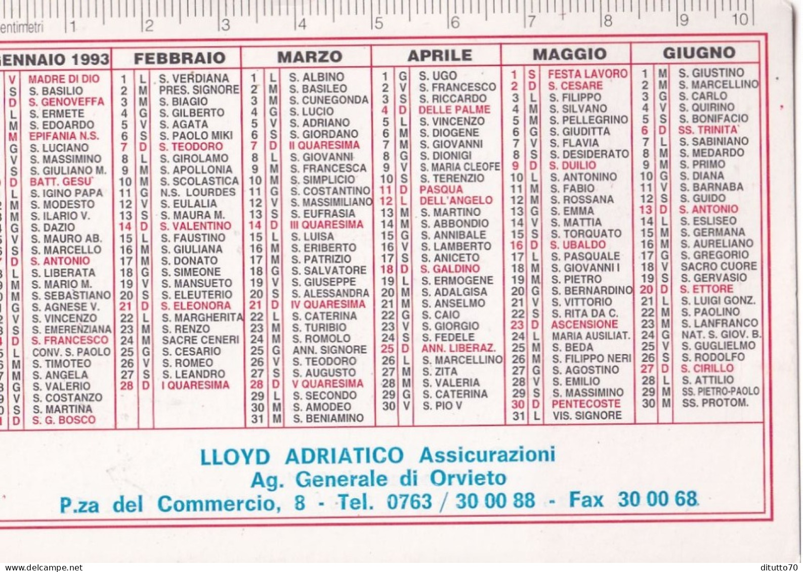 Calendarietto - LLOYD Adriatica - Assicurazione - Ag.generale Di Orvieto - Anno 1993 - Petit Format : 1991-00