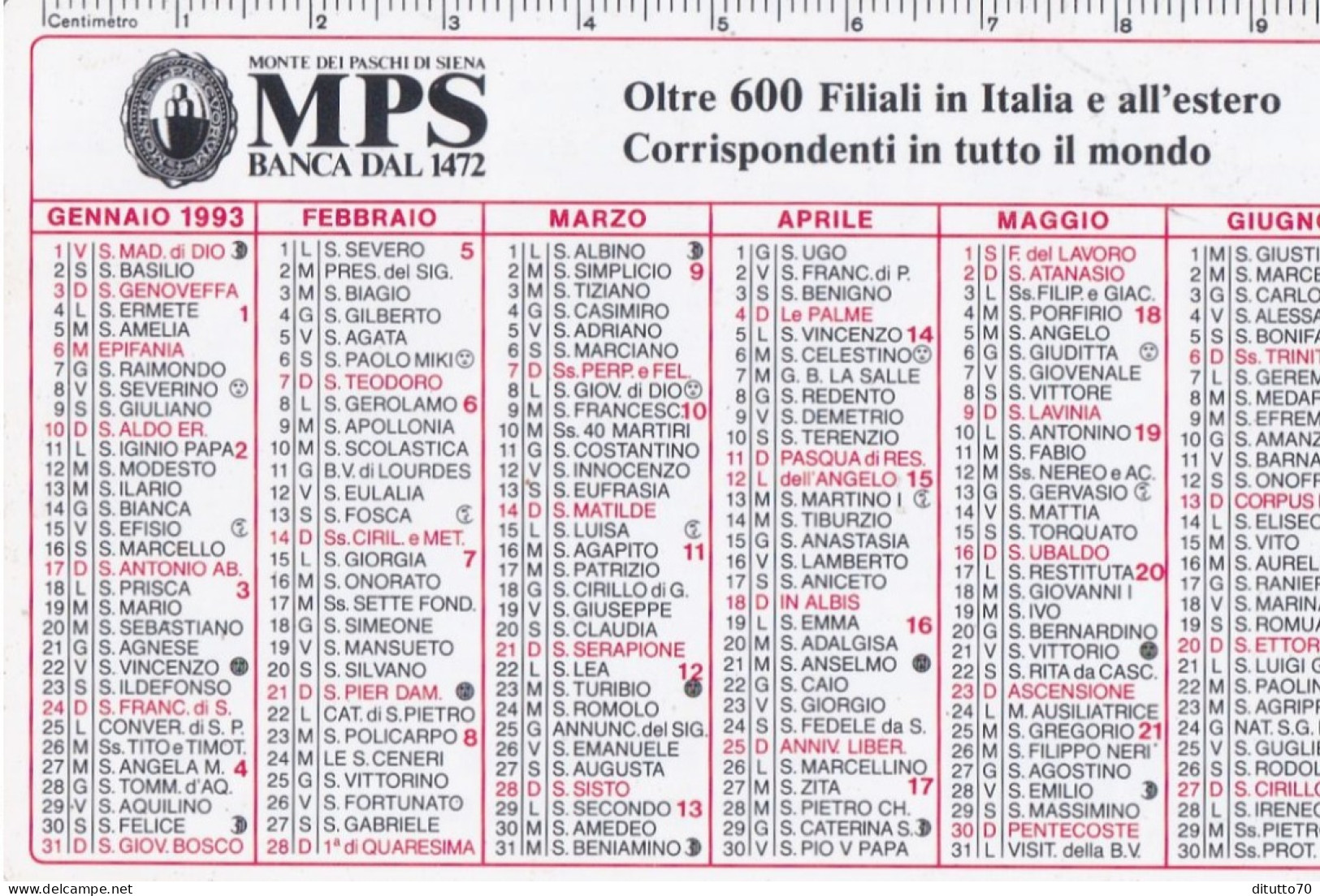 Calendarietto - MPS - Monte Dei Paschi Di Siena - Anno 1993 - Petit Format : 1991-00