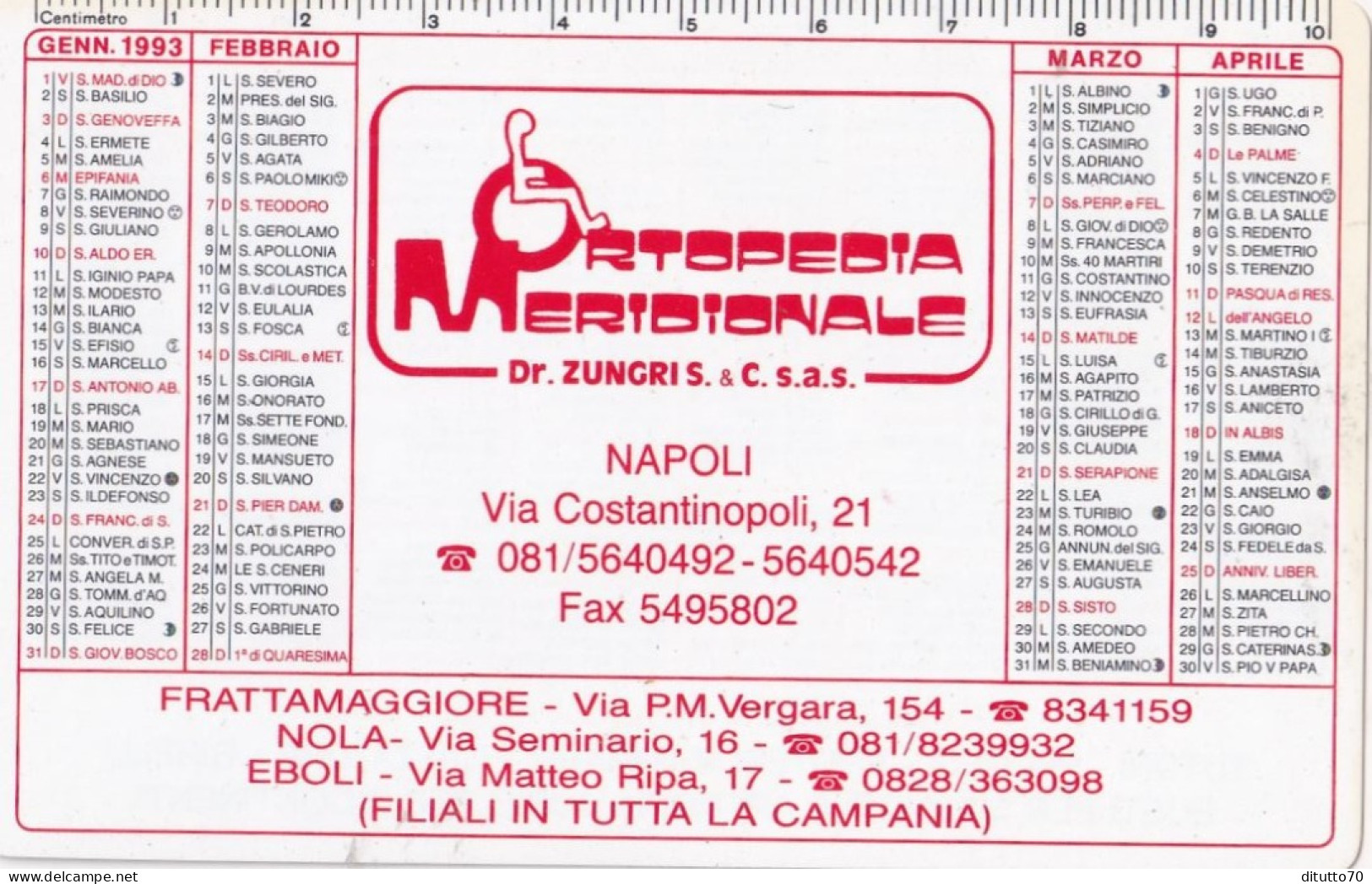 Calendarietto - Ortopedia Meridionale - Napoli - Anno 1993 - Petit Format : 1991-00