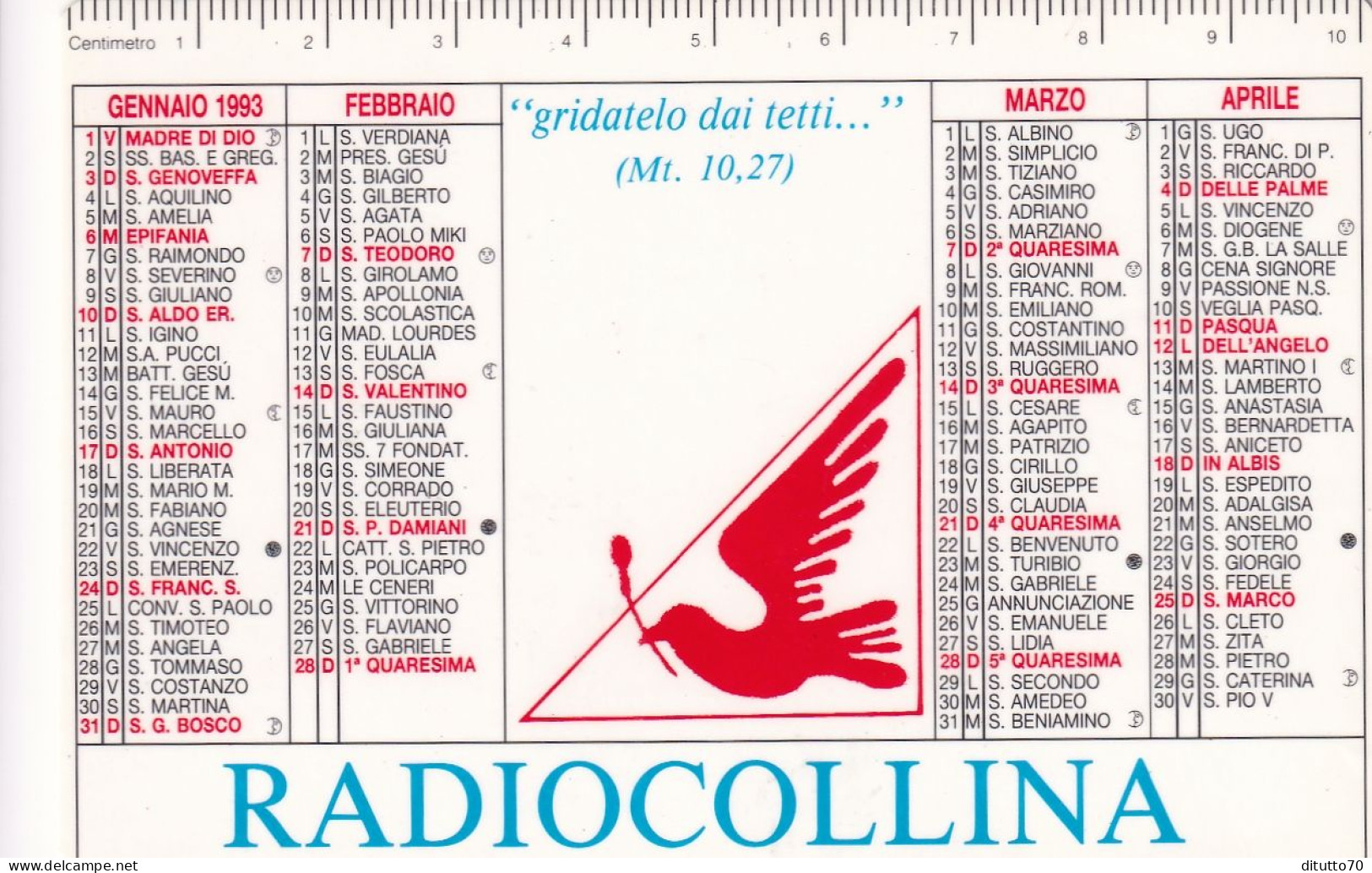 Calendarietto - RADIO - Collina  Costabissara - Vicenza - Anno 1993 - Petit Format : 1991-00