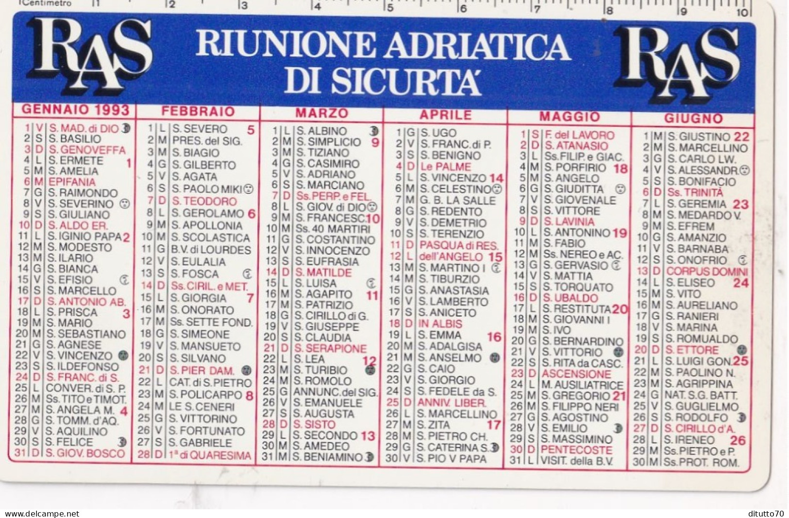Calendarietto - RAS - Riunione Adriatica Di Sicurezza - Anno 1993 - Petit Format : 1991-00