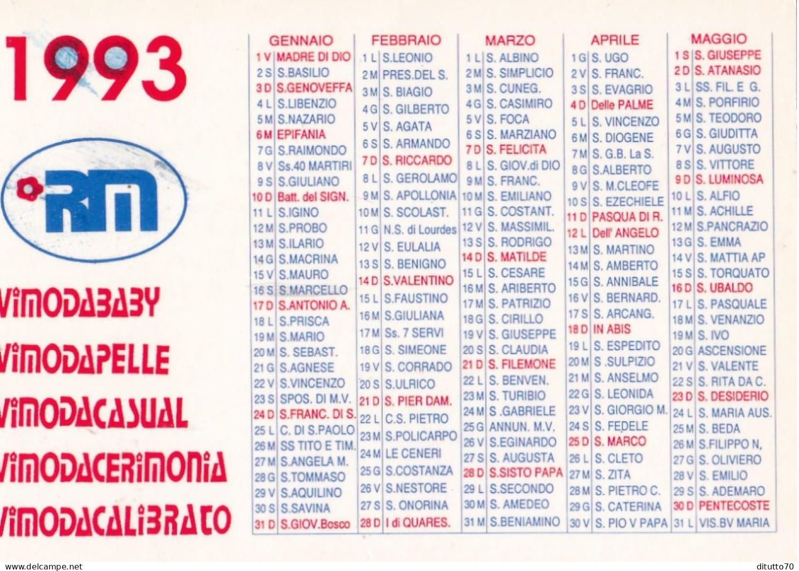 Calendarietto - ROVI MODA - Anno 1993 - Petit Format : 1991-00