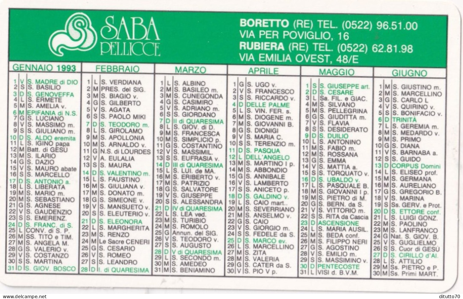 Calendarietto - SABA - Pellice - Boretto - Rubiera - Reggio Emilia - Anno 1993 - Petit Format : 1991-00