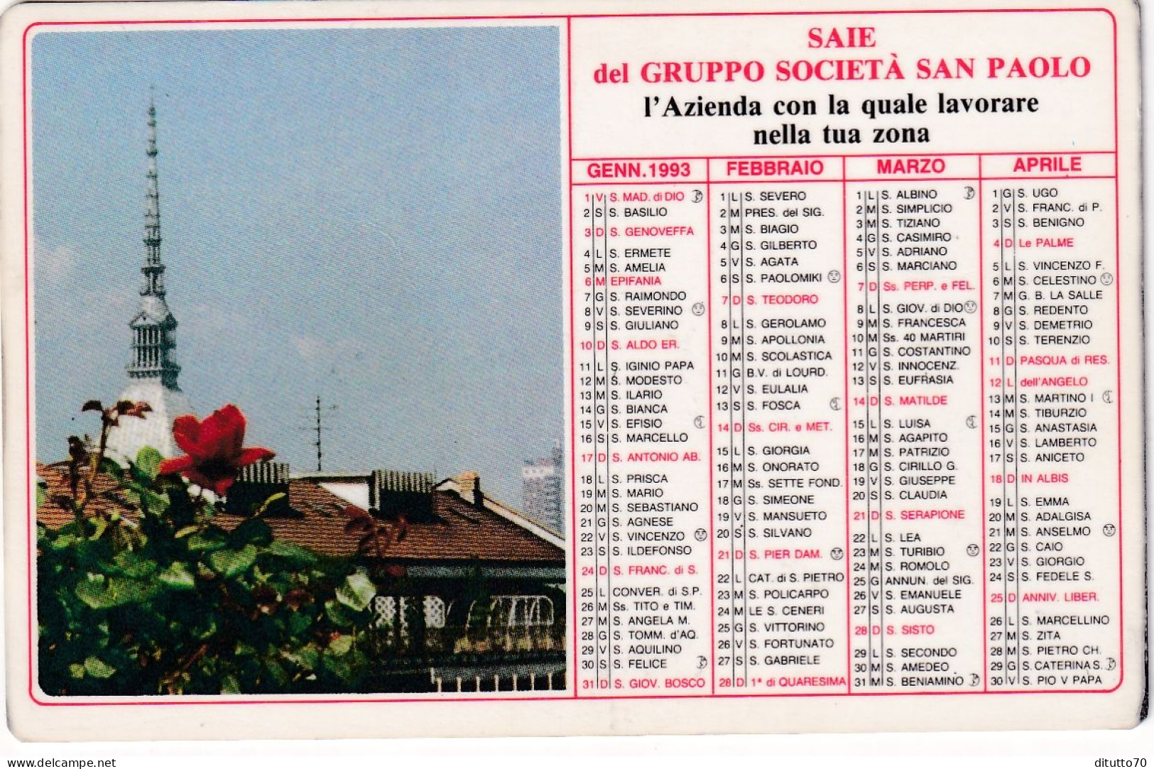 Calendarietto - SAIE - Del Gruppo Società San Paolo - Catania - Anno 1993 - Petit Format : 1991-00