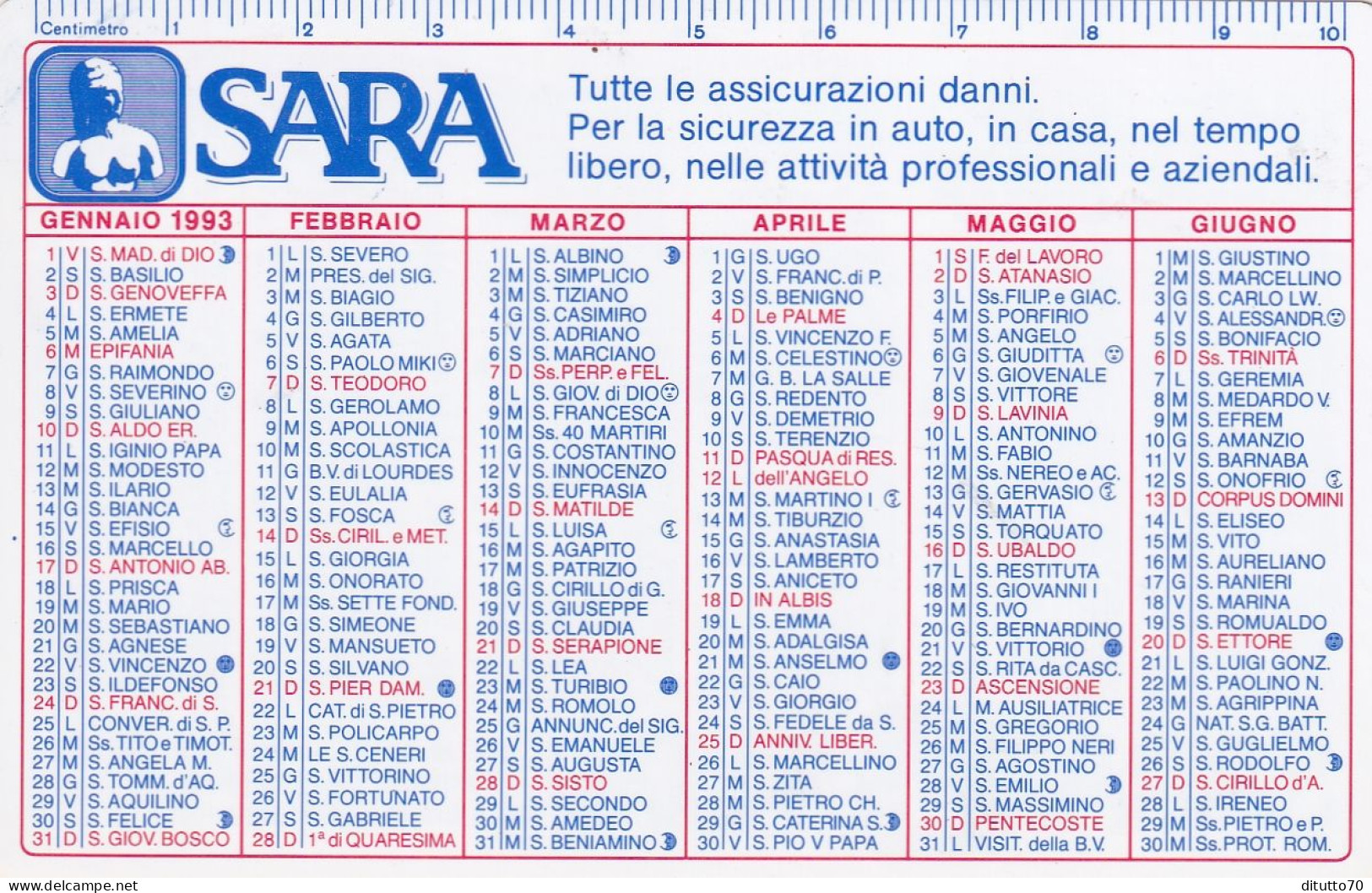 Calendarietto - SARA - Assicurazioni - Anno 1993 - Petit Format : 1991-00