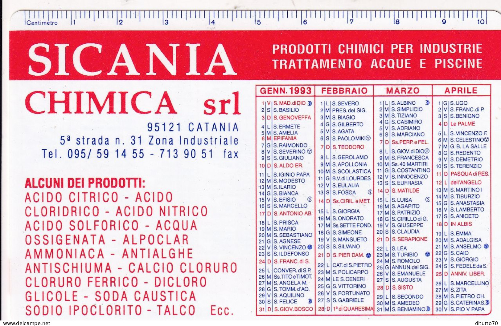 Calendarietto - Sicania - Chimica - Catania - Anno 1993 - Petit Format : 1991-00