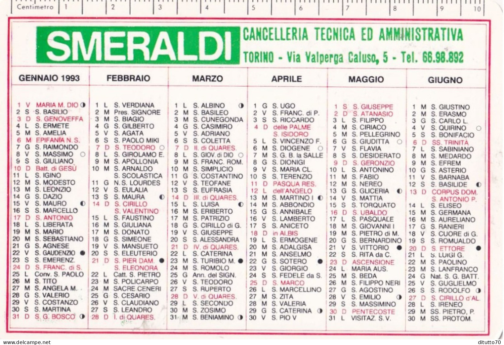 Calendarietto - SMERALDI - Torino - Anno 1993 - Petit Format : 1991-00