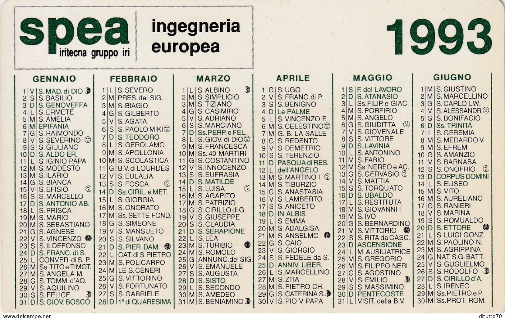 Calendarietto - SPEA - Iritecna Gruppo Iri - Ingegneria Europea - Milano - Anno 1993 - Petit Format : 1991-00