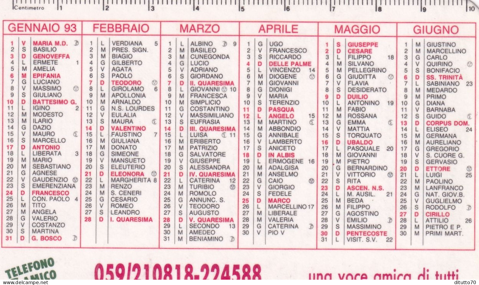 Calendarietto - Telefono Amico - Modena - Anno 1993 - Petit Format : 1991-00