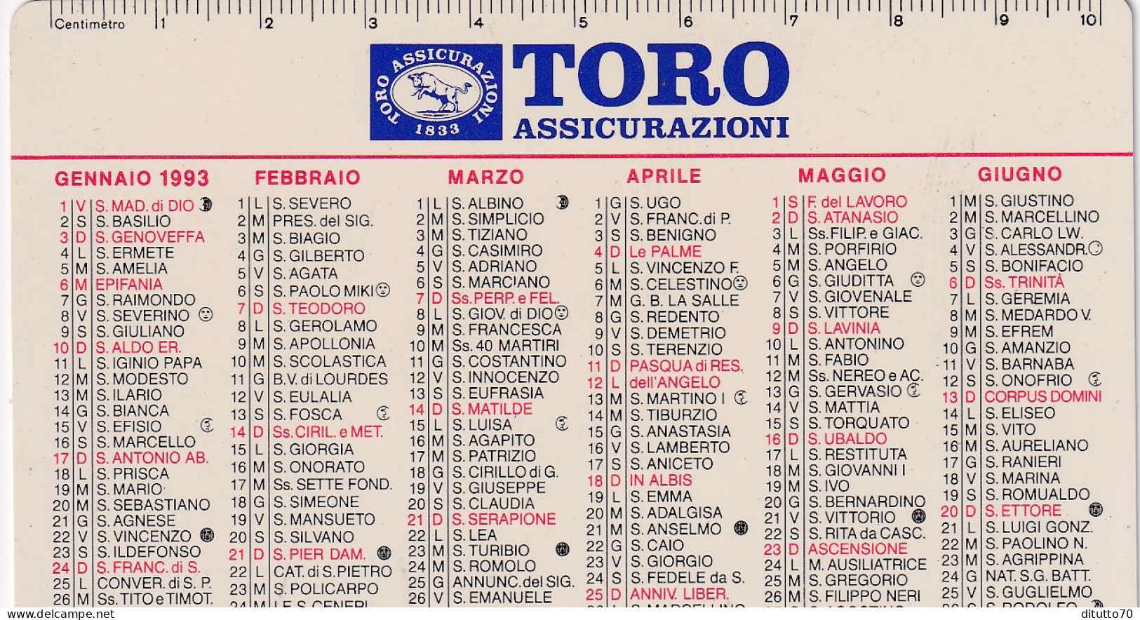 Calendarietto - TORO - Assicurazioni - Anno 1993 - Petit Format : 1991-00