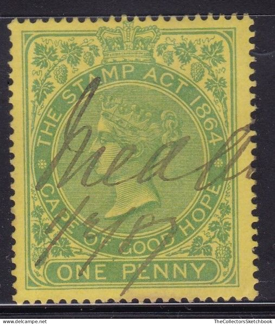 Cape Of Good Hope Revenue Stamp 1885 1d Green In Yellow, Good Used Barefoot 112 - Cape Of Good Hope (1853-1904)