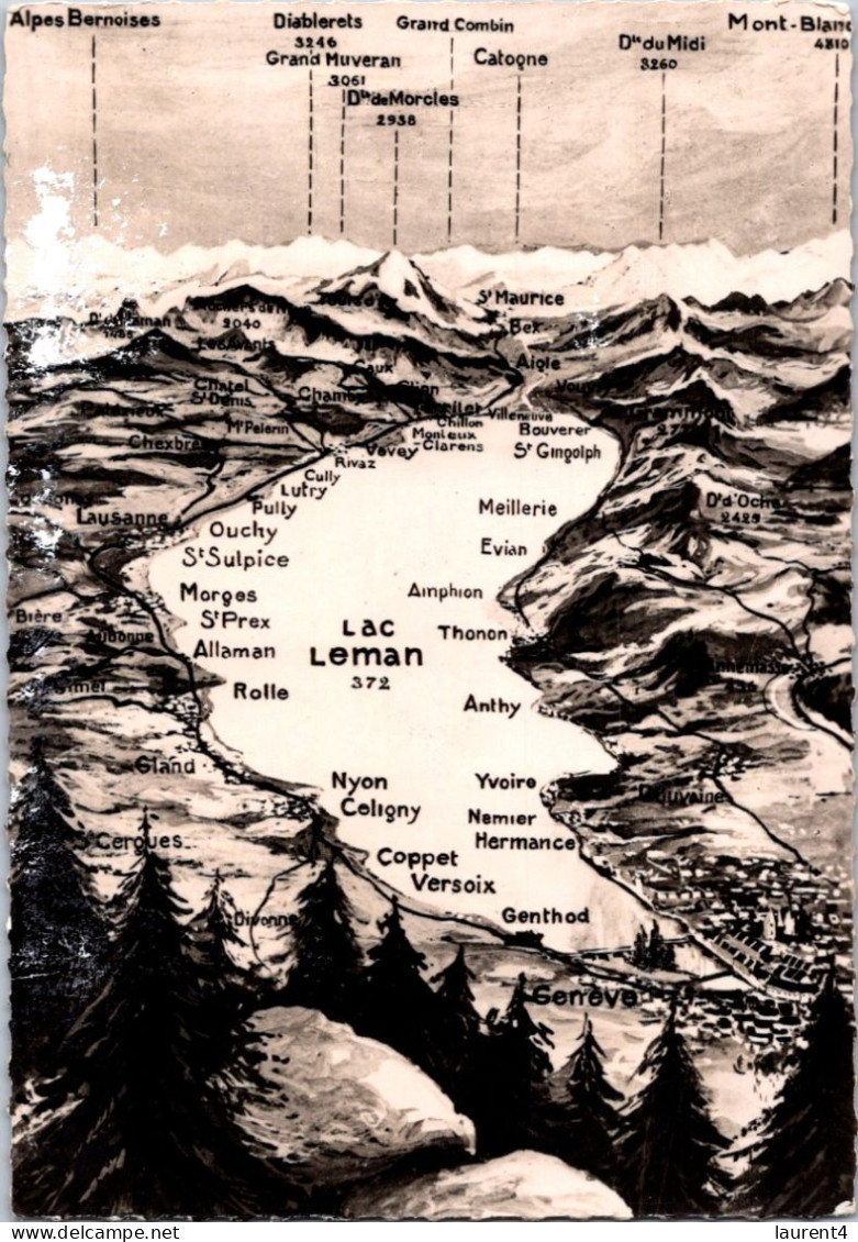 3-4-2024 (4 Y 47) B/w - France / Switzerland - Lac Léman Map (posted 1955) - Maps