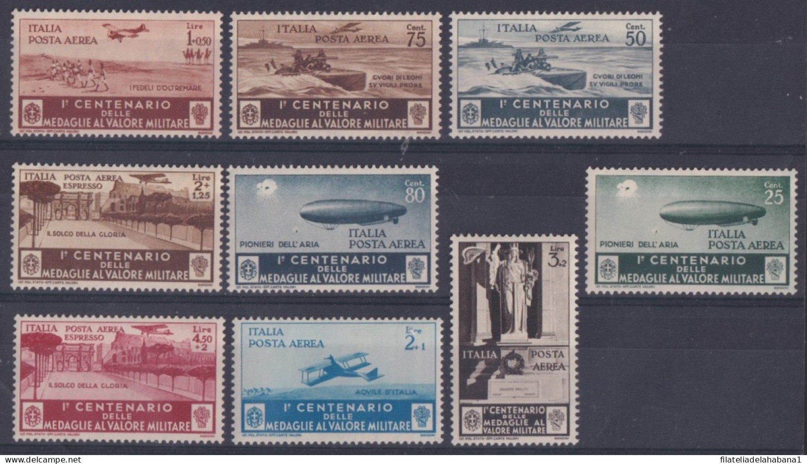 F-EX43151 ITALY 1934 MLH AIRMAIL CENTENARY OF VALOR MEDAL COMPLETE SET.  - Luchtpost